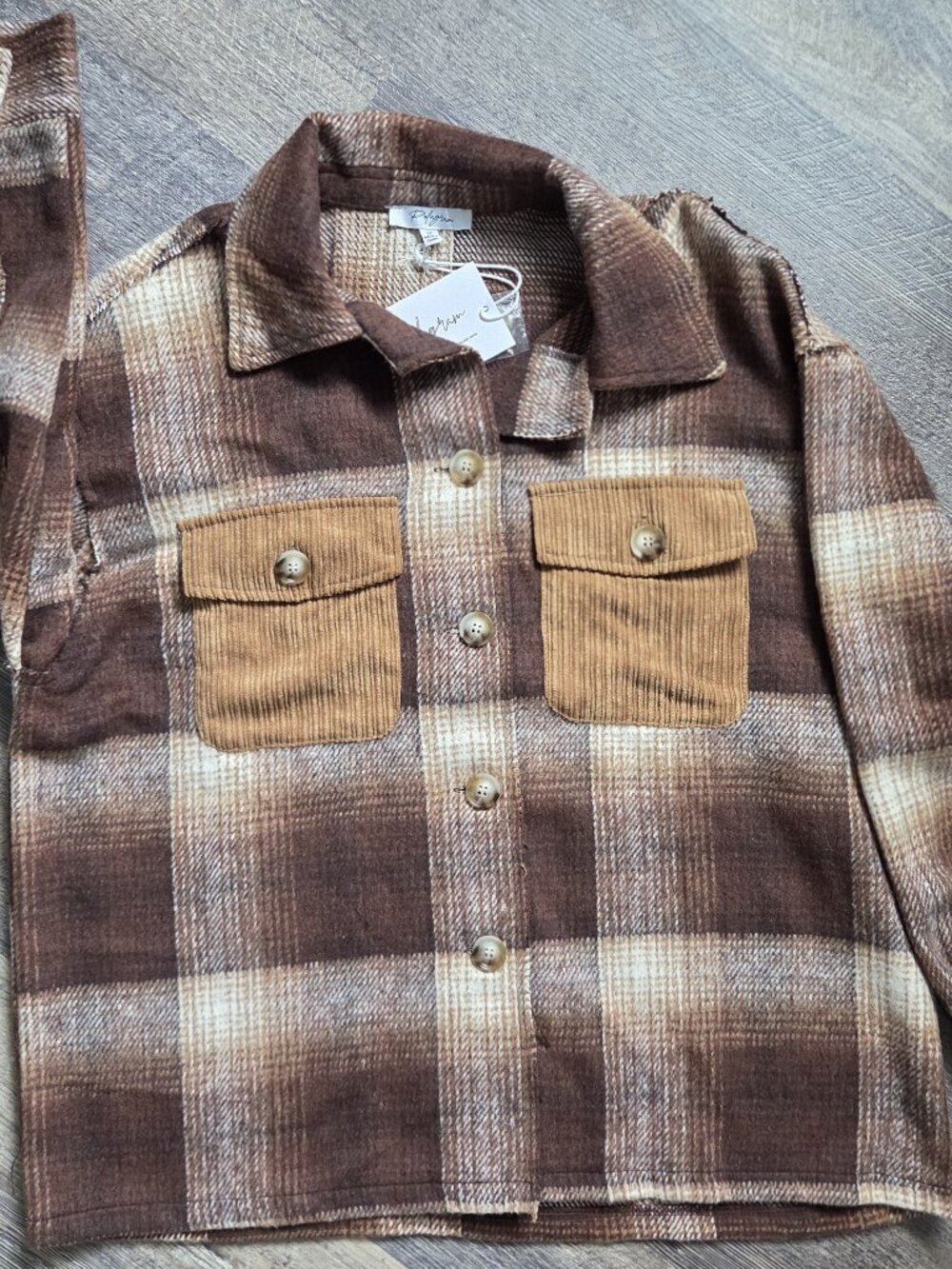 Shirt-Jacket Fleece Plaid w/Corduroy Front Pockets Brown/Tan Polagram Sz Med